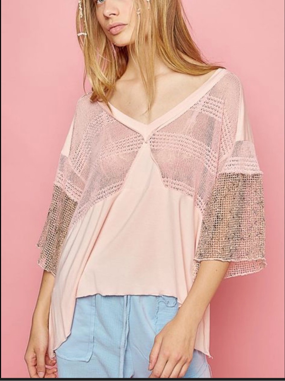 POL Pink Trixie Tunic Boho Blouse Chic Size medium V-Neck Patch Ribbed Knit Top